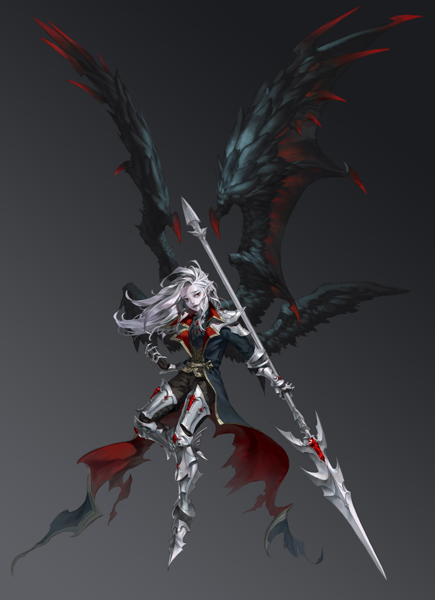 1boy, absurdres, armor, black_wings, claw_(weapon), demon_wings, dosol, fangs, feathered_wings, flying_sweatdrops, gem, gradient, gradient_background, greaves, grey_hair, highres, holding, holding_polearm, holding_spear, holding_weapon, knight, long_hair, male_focus, multiple_wings, open_mouth, original, pale_skin, pauldrons, pointy_ears, polearm, red_eyes, shoulder_armor, slit_pupils, smile, solo, spear, torn_clothes, vambraces, vampire, weapon, wings