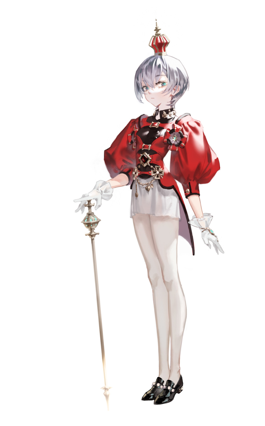1girl, absurdres, black_footwear, cane, closed_mouth, crown, dosol, eyebrows_visible_through_hair