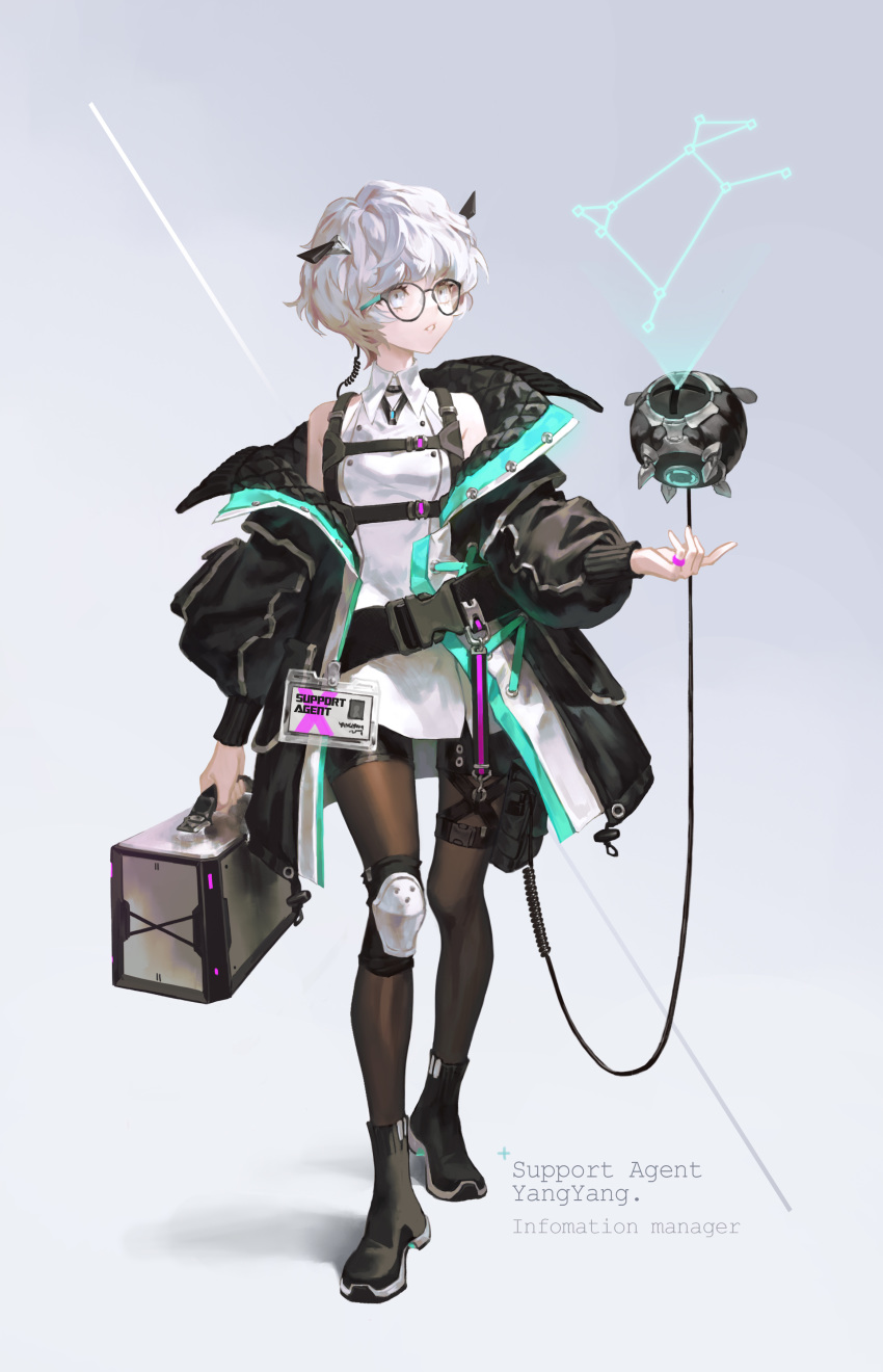 1girl, absurdres, bare_shoulders, black-framed_eyewear, black_coat, character_name, coat, dosol
