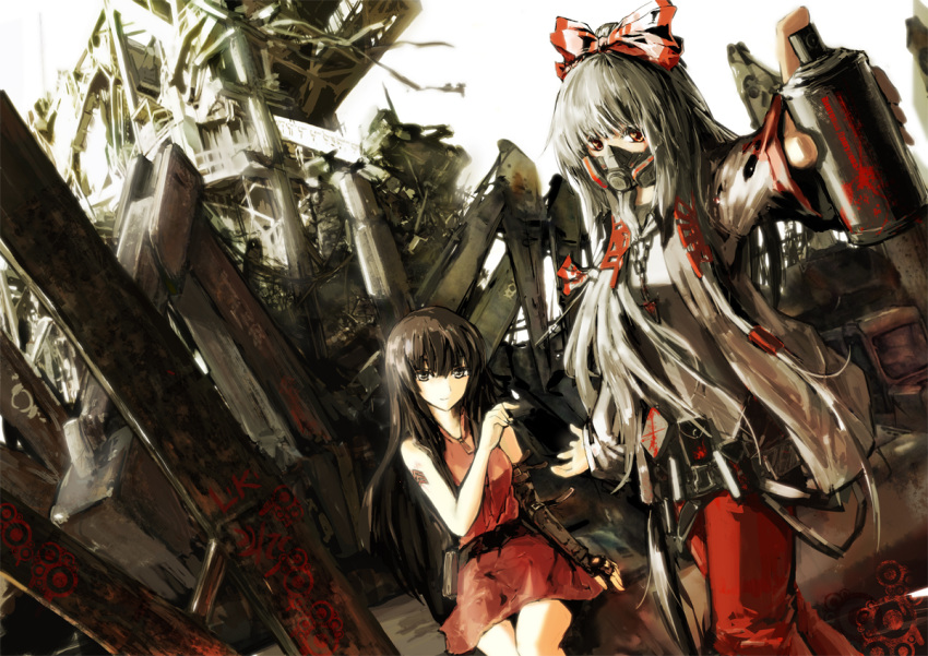 alternate_costume, bare_shoulders, black_eyes, black_hair, bow, bracer, contemporary, fujiwara_no_mokou