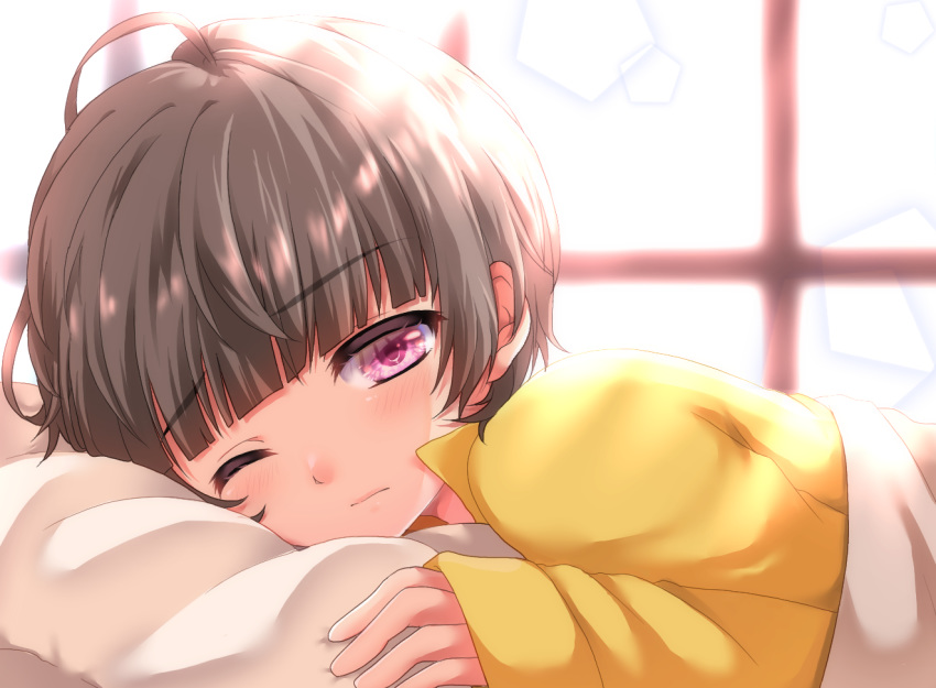 1boy, bangs, blunt_bangs, brown_hair, eyebrows_visible_through_hair, indoors, male_focus, nanase_(cocoa), on_bed, one_eye_closed, original, pillow, pink_eyes, under_covers, waking_up, window