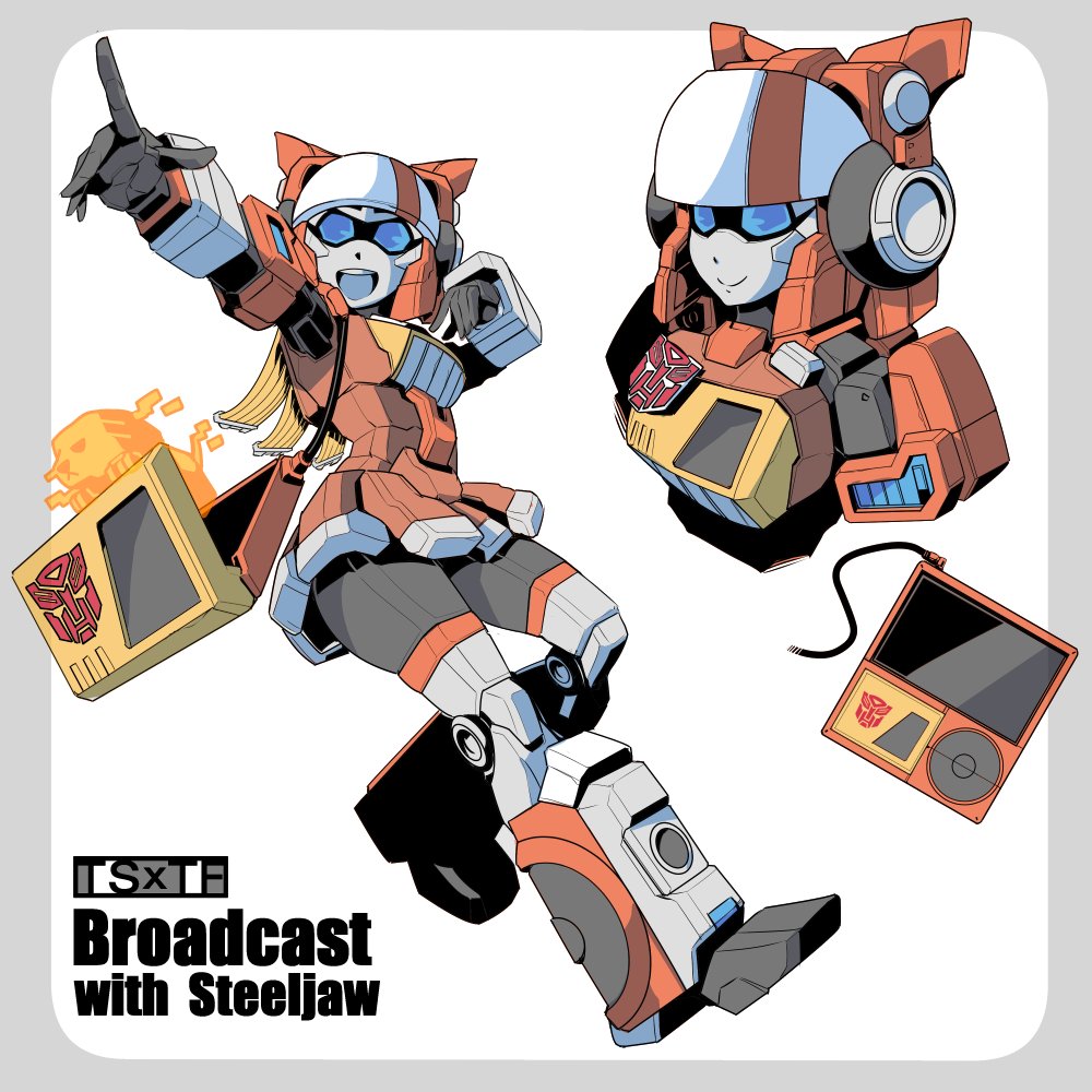 1girl, :d, autobot, bag, blaster_(transformers), blue_eyes, cd_player, genderswap