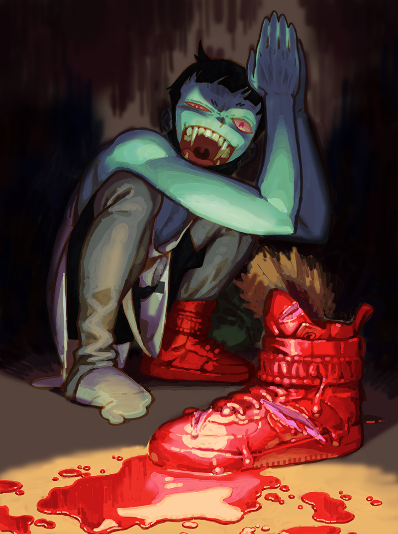 1boy, aqua_skin, bare_shoulders, black_hair, blood, cerebrawl, electric_niw, fangs