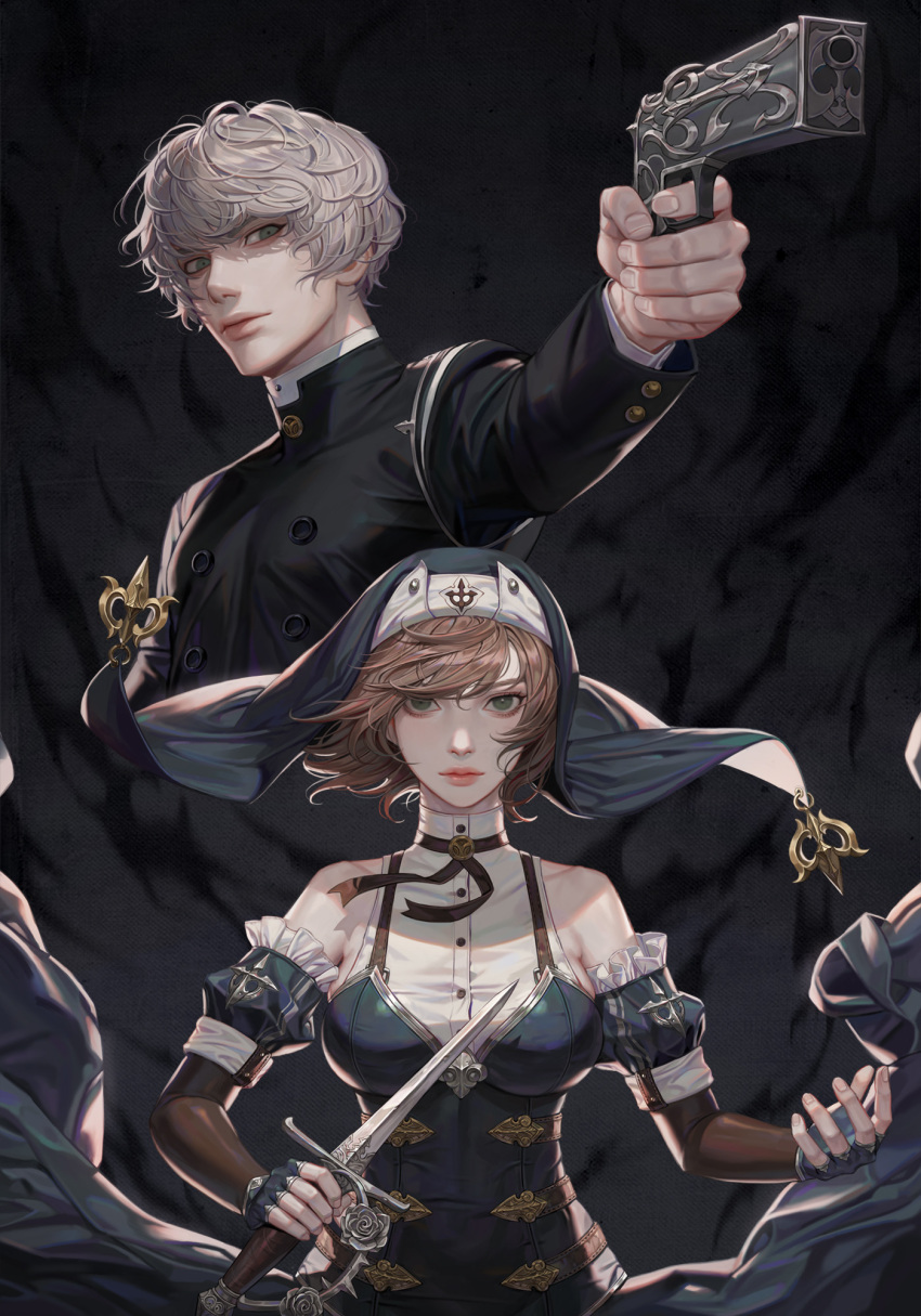 1boy, 1girl, bare_shoulders, black_gloves, brown_hair, closed_mouth, collarbone, dagger, detached_sleeves, fingerless_gloves, fingernails, flower, frills, gloves, green_eyes, grey_hair, gun, handgun, highres, holding, holding_dagger, holding_gun, holding_weapon, kritika, nun, pink_lips, pointing_weapon, priest, rose, shaded_face, short_hair, turtleneck, weapon, zero_q_0q