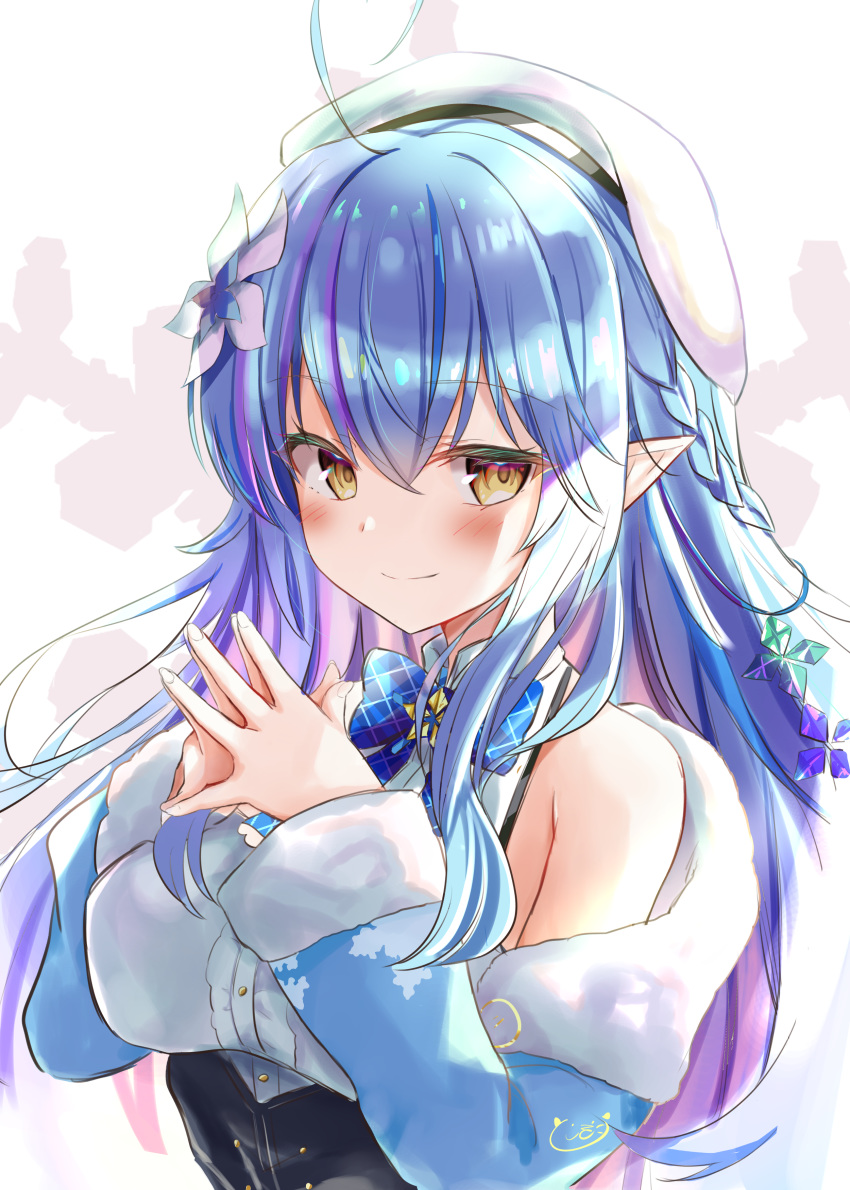 1girl, absurdres, ahoge, bangs, bare_shoulders, beret, blue_hair, blush