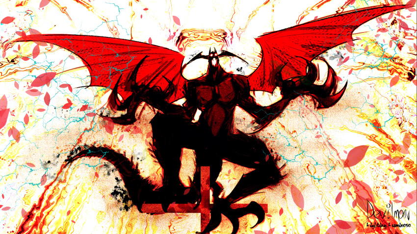 1boy, abstract, absurdres, claws, copyright_name, cross, demon_boy, demon_wings, devilman, devilman_(character), devilman_crybaby, electricity, fangs, fudou_akira, glowing, glowing_eyes, head_wings, highres, liguangze, navel, open_mouth, petals, signature, solo, tail, talons, wings