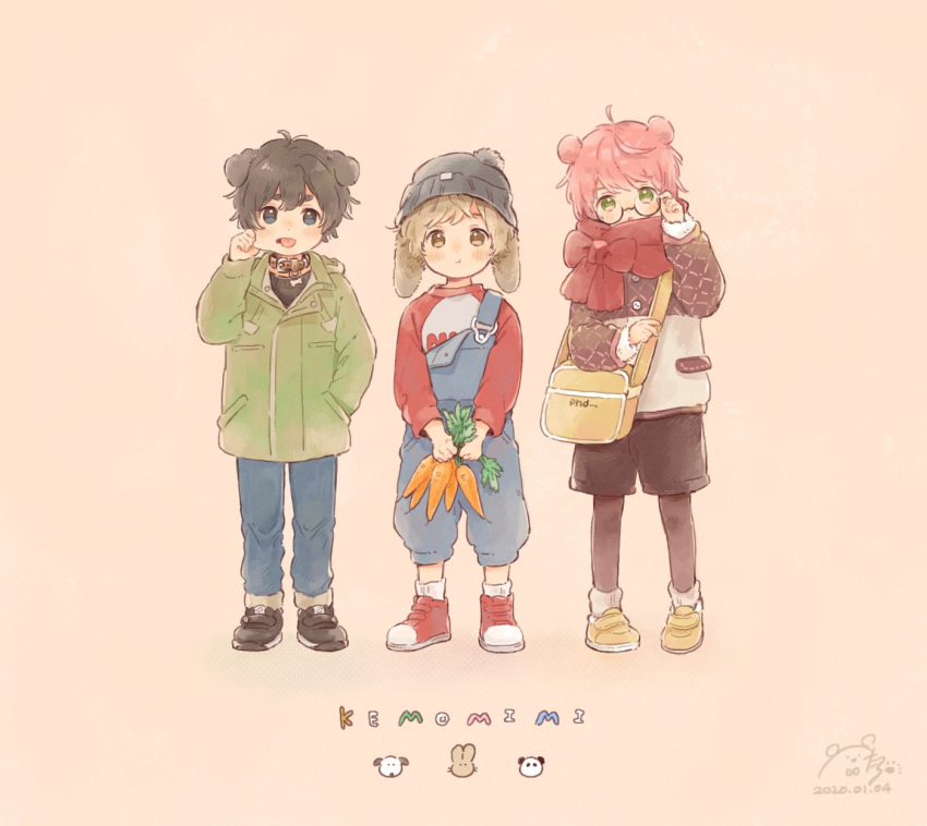 3boys, :t, adjusting_eyewear, animal_ears, bag, blue_eyes, blush, brown_eyes