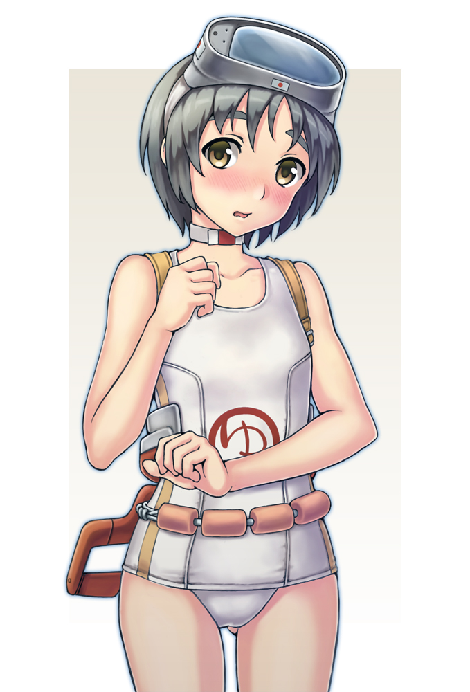 1girl, bangs, black_hair, border, brown_eyes, cowboy_shot, diving_mask, diving_mask_on_head