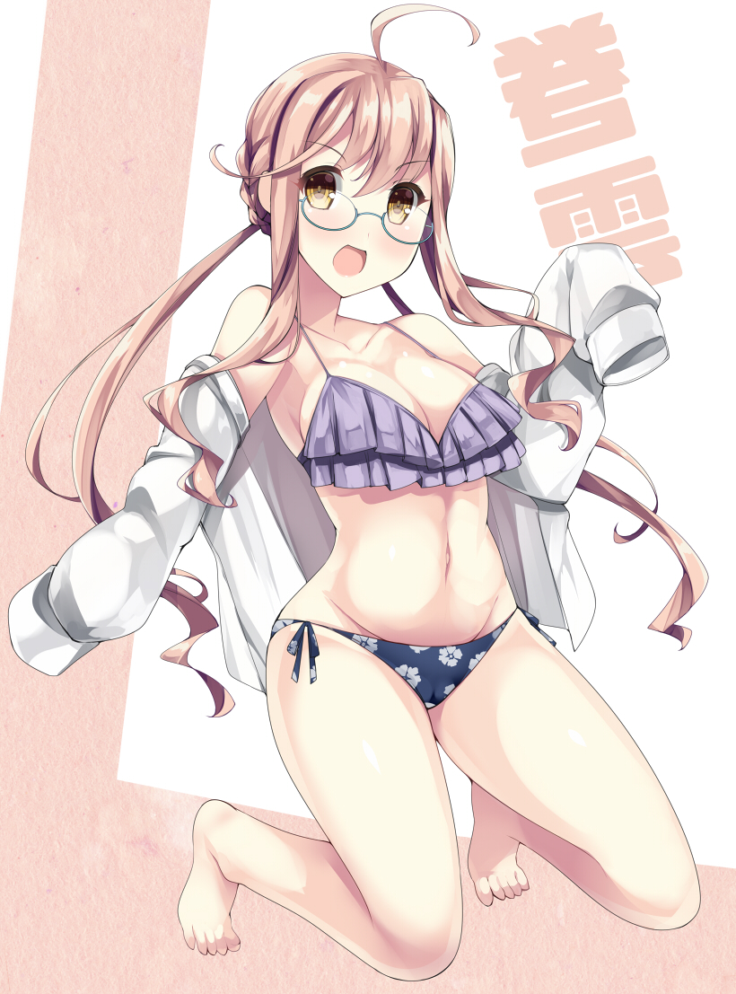1girl, ahoge, akikaze_tsumuji, bikini, breasts, character_name, collarbone, frilled_bikini