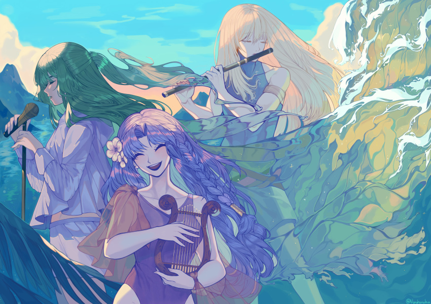 1boy, 1girl, 1other, :d, absurdres, alternate_costume, androgynous, bare_shoulders