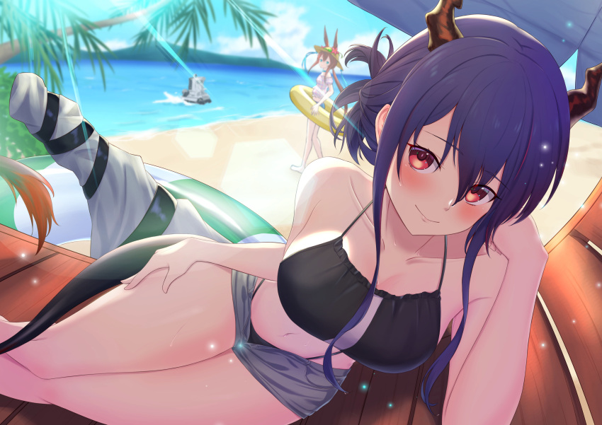 alternate_costume, amiya_(arknights), animal_ears, arknights, bangs, bare_shoulders, beach, bikini