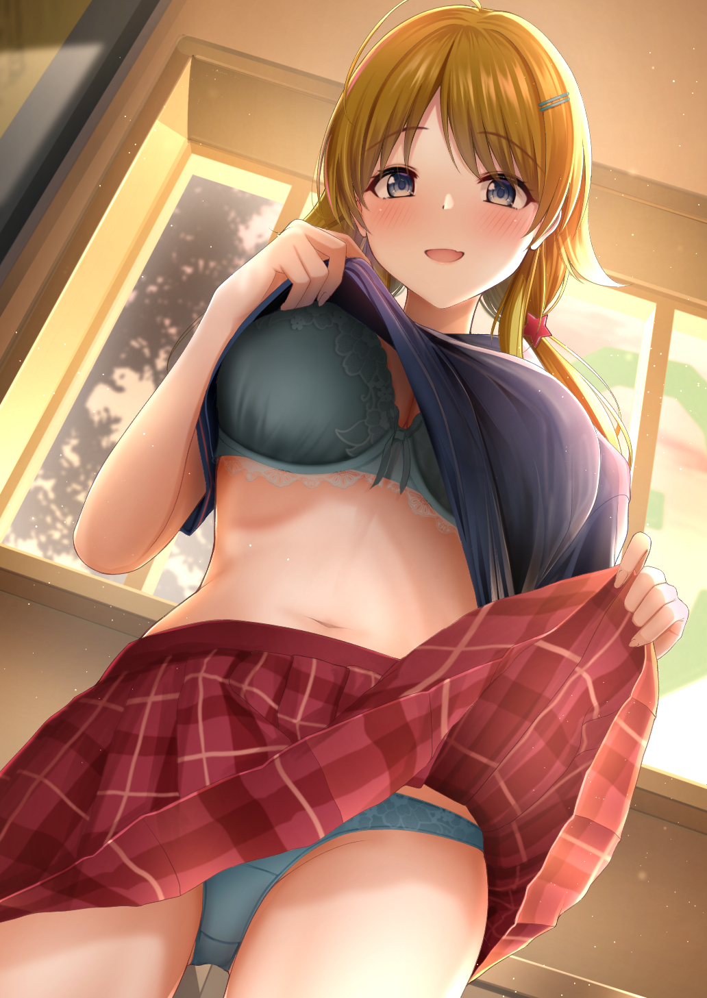 1girl, ahoge, bangs, blonde_hair, blue_eyes, blue_shirt, blush, bra