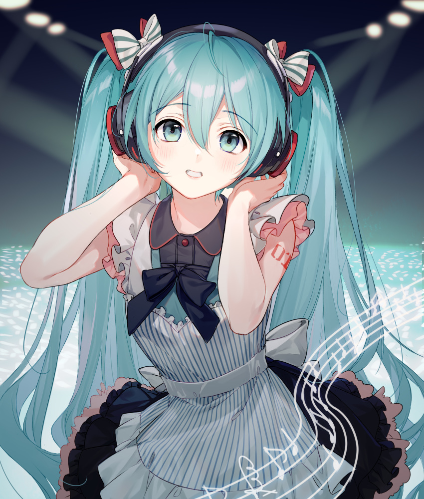 1girl, absurdres, al_mican, alternate_costume, apron, aqua_hair, bangs, bare_arms