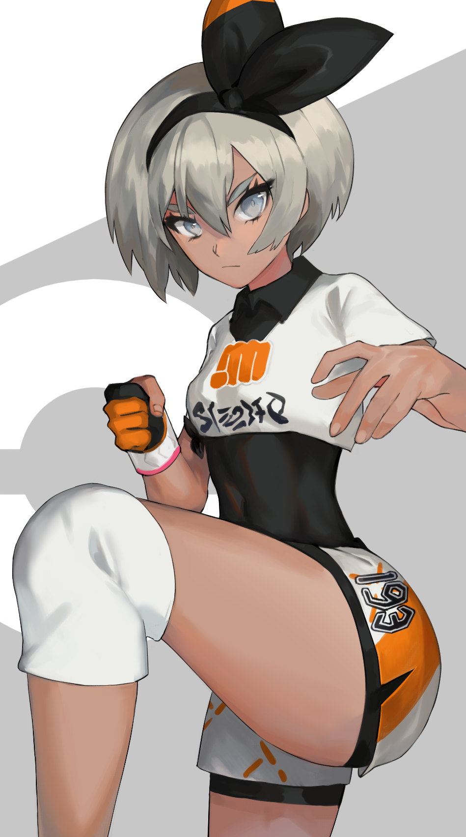 1girl, bangs, bea_(pokemon), black_bodysuit, black_hairband, bodysuit, bodysuit_under_clothes, bow_hairband, closed_mouth, collared_shirt, commentary_request, dynamax_band, gloves, grey_eyes, grey_hair, gym_leader, hair_between_eyes, hairband, highres, isshiki_(1sshiki), knee_pads, looking_at_viewer, number, partly_fingerless_gloves, pokemon, pokemon_(game), pokemon_swsh, print_shirt, print_shorts, shirt, short_hair, short_sleeves, shorts, single_glove, solo, tied_shirt