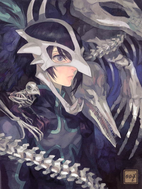 1boy, animal_skull, black_hair, bone, drawr, judas_(tales), male_focus, mask, nishihara_isao, oekaki, photoshop_(medium), short_hair, skeleton, skull, skull_on_head, solo, spine, surreal, tales_of_(series), tales_of_destiny_2, violet_eyes
