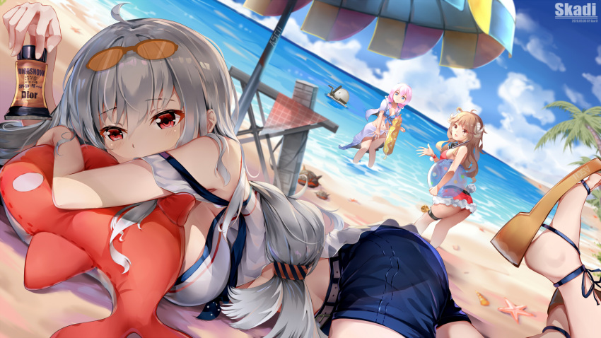 3girls, ahoge, arknights, ball, bare_shoulders, beach, beach_umbrella, beachball