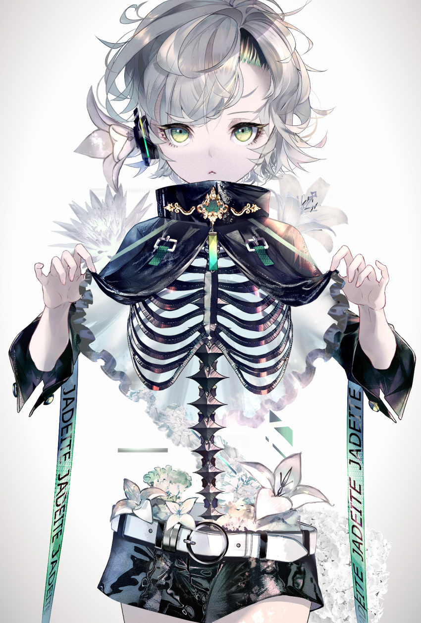 1girl, :<, bangs, belt, black_capelet, black_shorts, capelet, capelet_lift