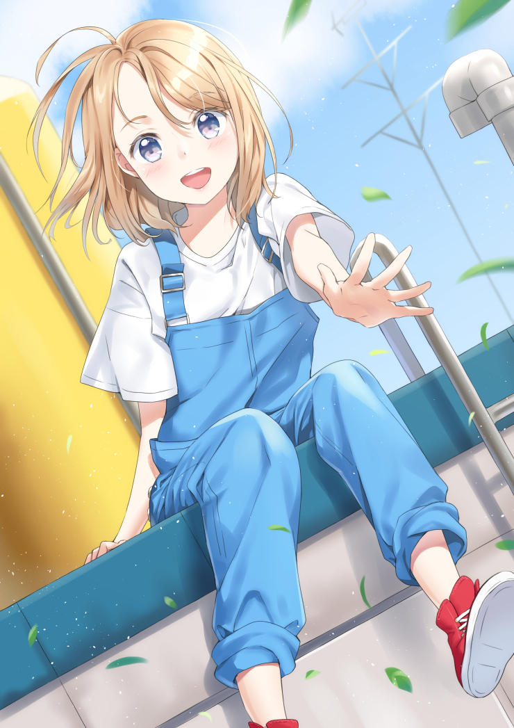 1girl, antenna_mast, bangs, blonde_hair, blue_eyes, blue_overalls, blue_sky, blurry, blurry_background, clouds, cross-laced_footwear, day, dutch_angle, eyebrows_visible_through_hair, foot_out_of_frame, hair_blowing, high_tops, ladder, leaf, light_blush, looking_at_viewer, open_mouth, original, outdoors, outstretched_hand, overalls, pants, pants_rolled_up, red_footwear, shirt, short_hair, short_sleeves, sitting, sky, solo, swept_bangs, tomboy, unya_(unya-unya), upper_teeth, white_shirt, wind