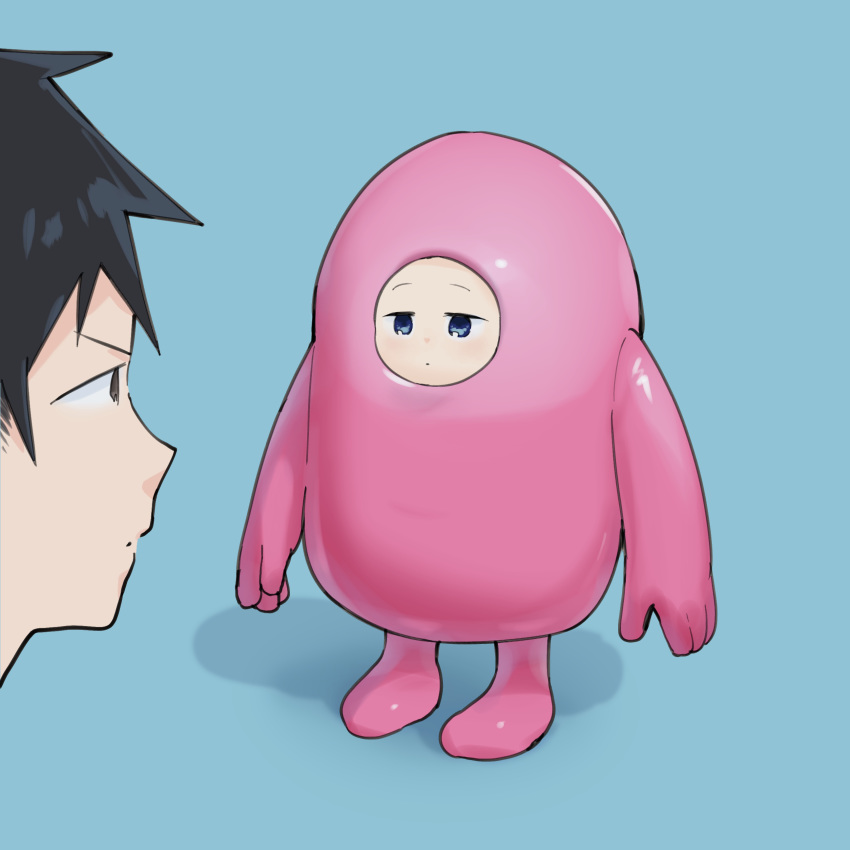 1boy, 1girl, absurdres, aharen-san_wa_hakarenai, aharen_reina, black_hair, blue_eyes, bodysuit, commentary, cosplay, english_commentary, expressionless, fall_guy, fall_guy_(cosplay), fall_guys, highres, jitome, matsuboshi_raidou, mizu_asato, simple_background