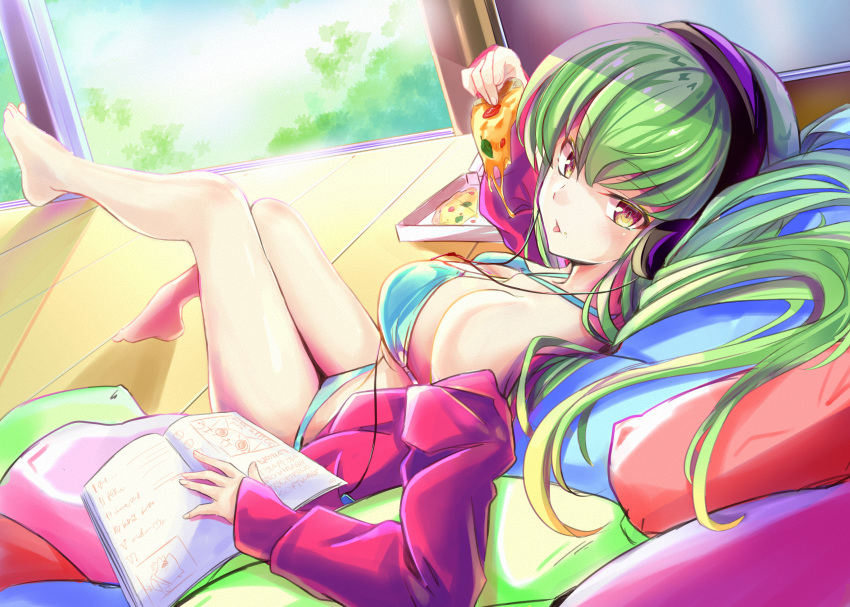 1girl, absurdres, bangs, bare_legs, blue_bra, blue_panties, book, bra