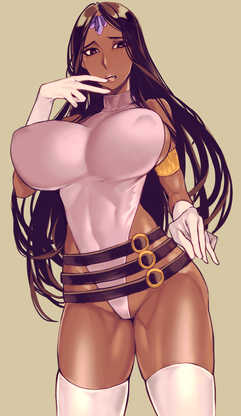 1girl, arjuna_(fate/grand_order), armband, black_eyes, black_hair, breasts, covered_navel, dark_skin, elbow_gloves, fate/grand_order, fate_(series), genderswap, genderswap_(mtf), gloves, highleg, highleg_leotard, highres, large_breasts, leotard, long_hair, looking_at_viewer, open_mouth, rokkotsu, simple_background, solo, thigh-highs, very_long_hair, white_gloves, white_legwear