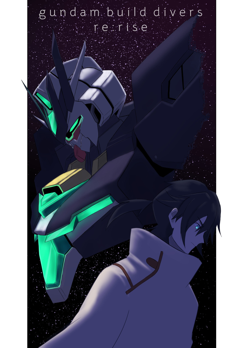 1boy, absurdres, black_hair, cloak, copyright_name, glowing, glowing_eyes, green_eyes