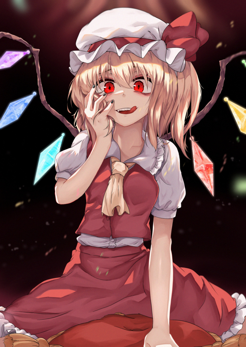 1girl, :q, absurdres, ascot, bangs, black_background, black_nails, blonde_hair