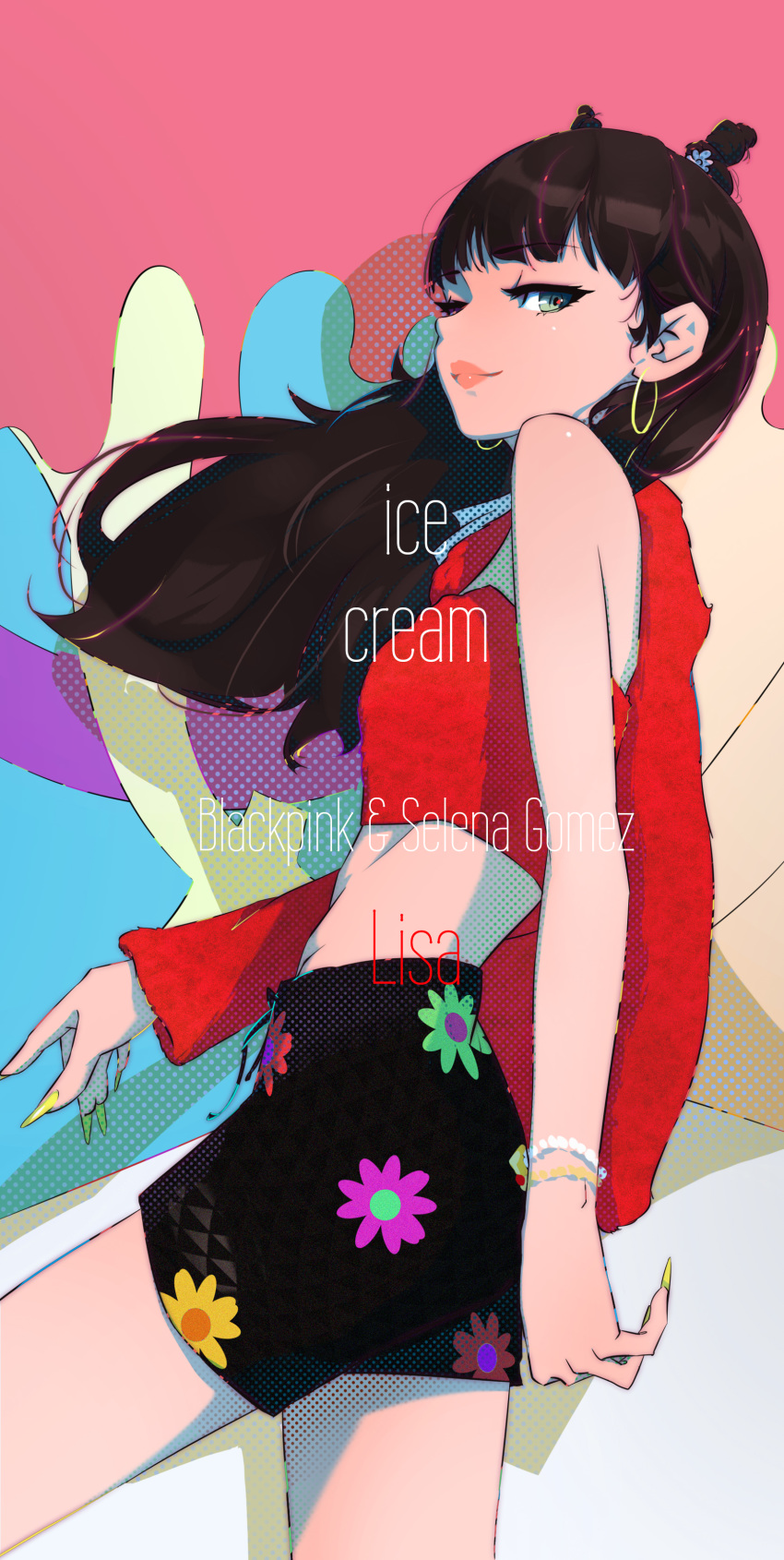 1girl, absurdres, bangs, black_hair, blackpink, character_name, floating_hair, green_eyes