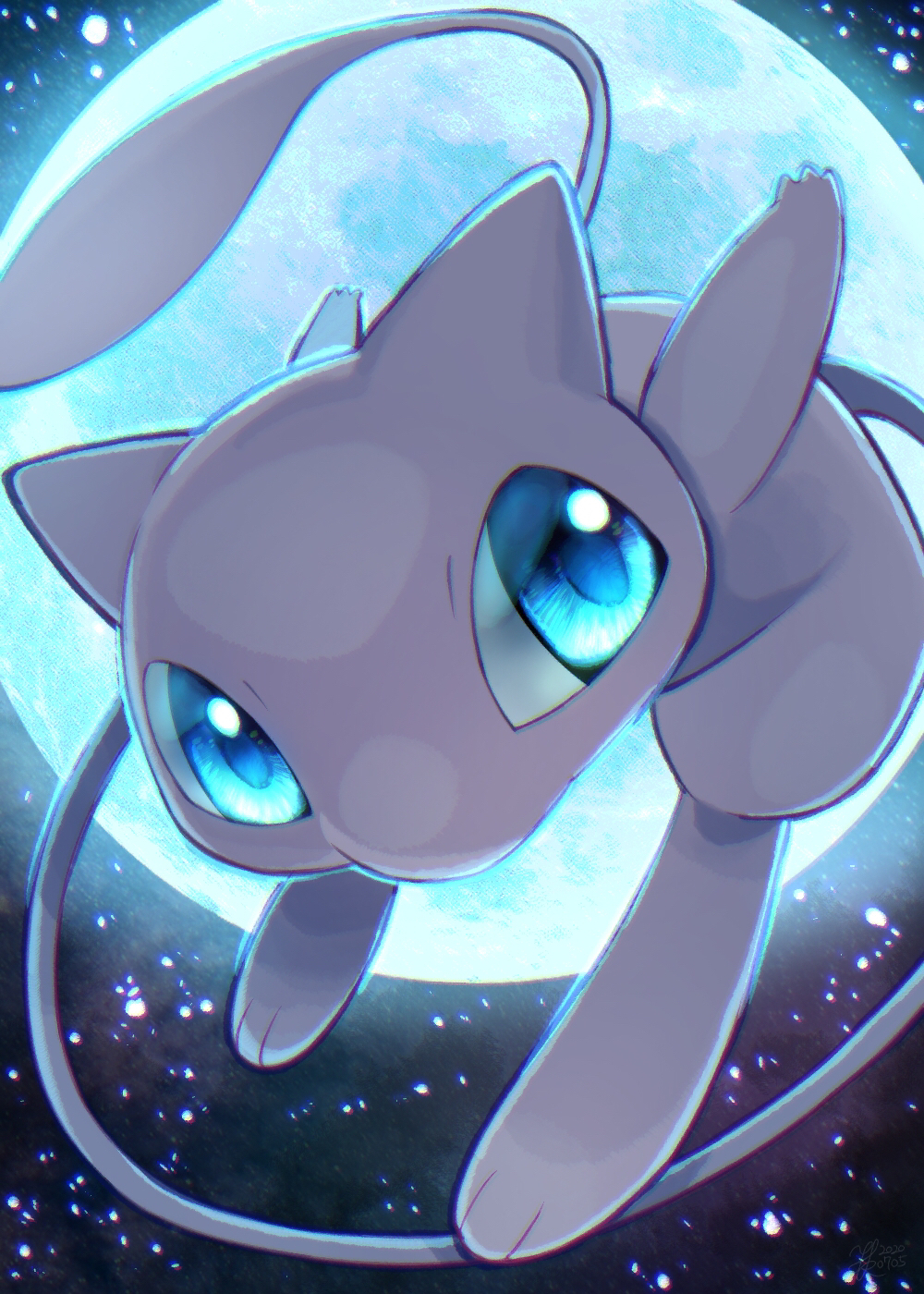 arms_behind_back, blue_moon, close-up, commentary_request, full_moon, gen_1_pokemon, highres, looking_to_the_side, mew, mythical_pokemon, no_humans, pink_skin, pokemon, pokemon_(creature), tail, yukichi_(tsuknak1)
