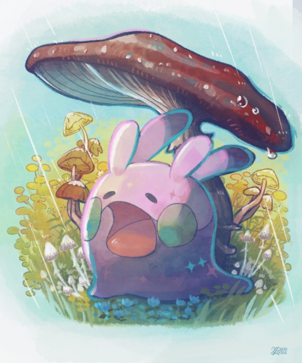 closed_eyes, commentary_request, gen_6_pokemon, goomy, grass, highres, mushroom, no_humans