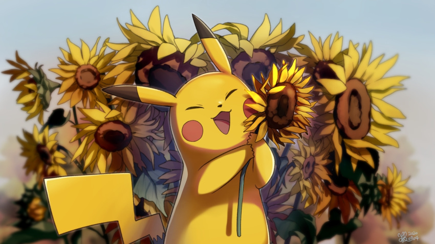 cheek_press, closed_eyes, commentary_request, flower, gen_1_pokemon, hands_up, highres, holding