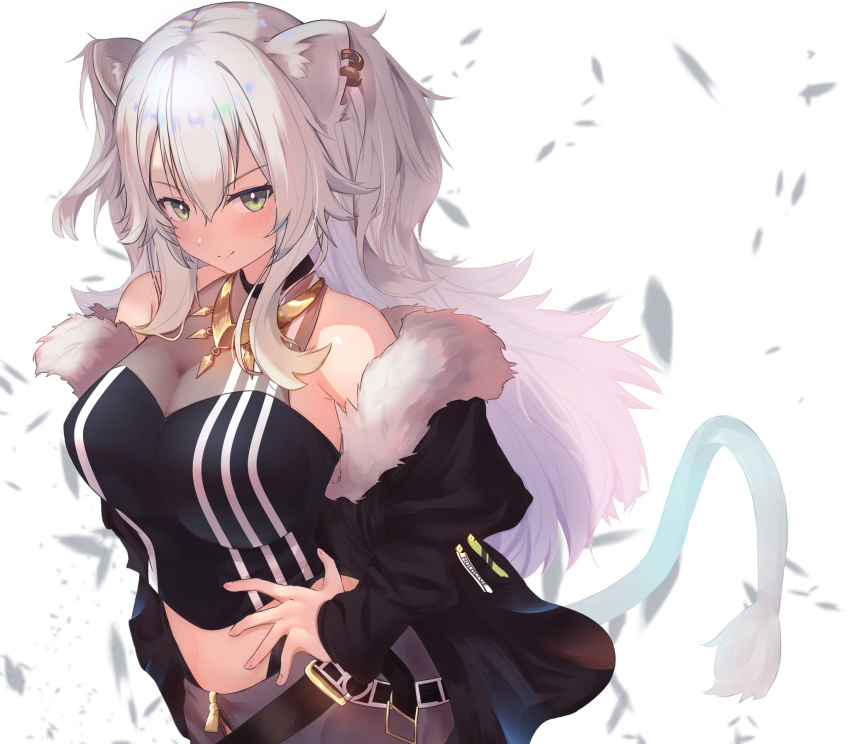 1girl, animal_ears, belt, breasts, closed_mouth, earrings, eyebrows_visible_through_hair, green_eyes