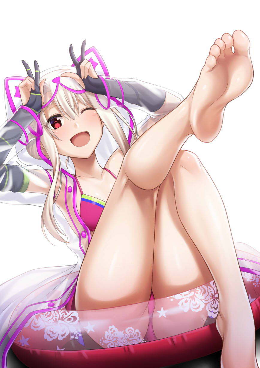 1girl, animal_hood, bangs, barefoot, bikini, blush, breasts, double_v