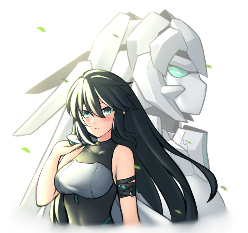 1girl, aqua_eyes, arm_strap, black_hair, floating_hair, gundam, gundam_build_divers, gundam_build_divers_re:rise, hair_between_eyes, highres, jacket_over_shoulder, long_hair, looking_at_viewer, may_(gundam_build_divers_re:rise), mecha, multiple_views, parted_lips, pinguinkotak