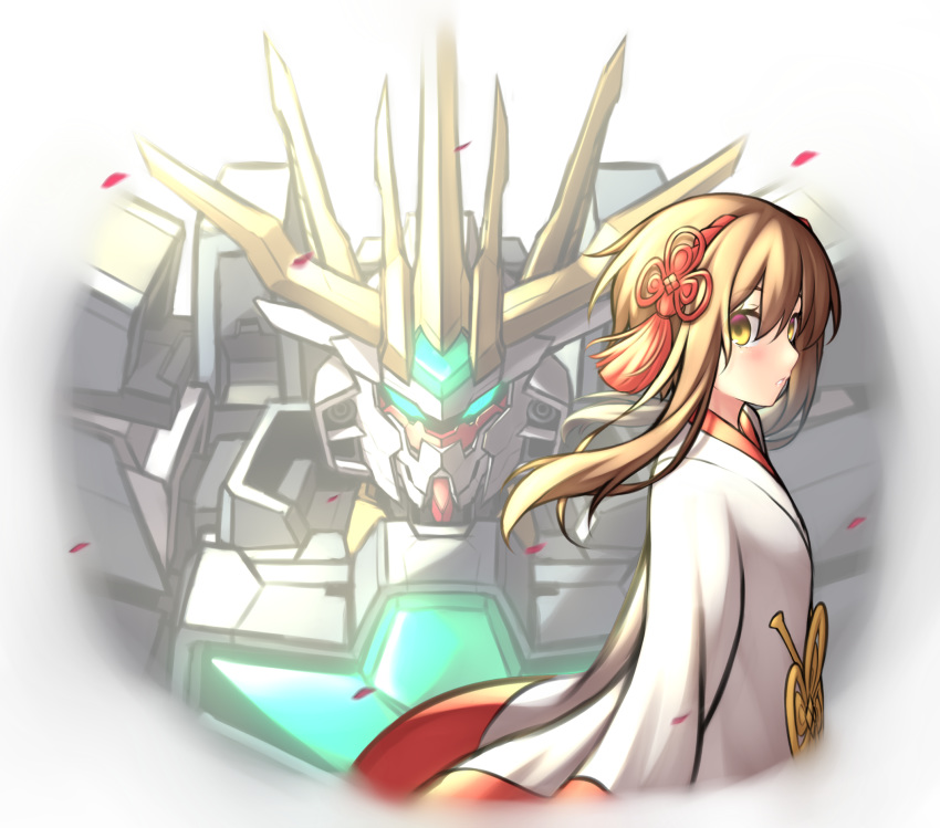 1girl, blue_eyes, brown_eyes, brown_hair, glowing, glowing_eyes, gundam, gundam_build_divers