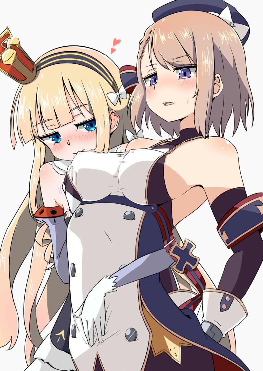 2girls, azur_lane, bangs, beret, black_hairband, blonde_hair, blue_eyes, blush