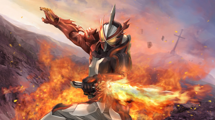 1boy, armor, fire, flaming_sword, flaming_weapon, glowing, glowing_eyes, holding