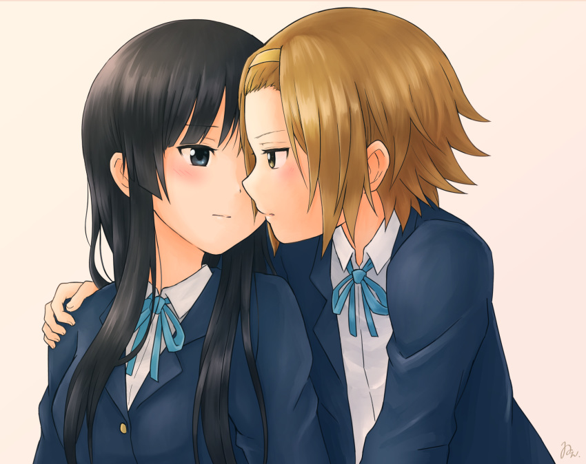 2girls, akiyama_mio, bangs, black_hair, blazer, blue_eyes, blue_ribbon, blush