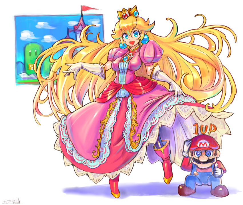 1boy, 1girl, \m/, adult, blonde_hair, blue_eyes, brown_hair, commentary