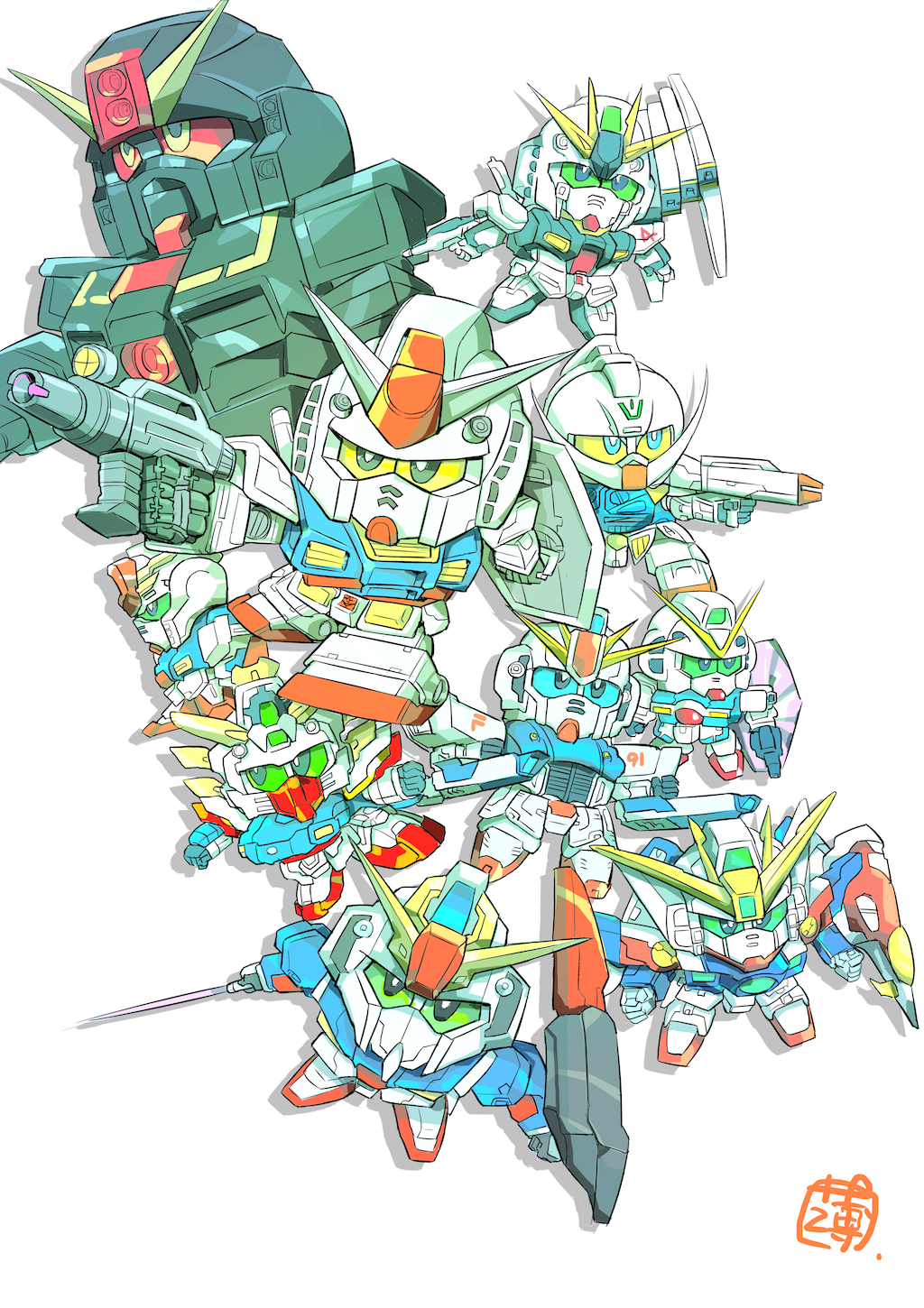 beam_saber, blue_eyes, char's_counterattack, chibi, f91_gundam, floating, g_gundam, green_eyes