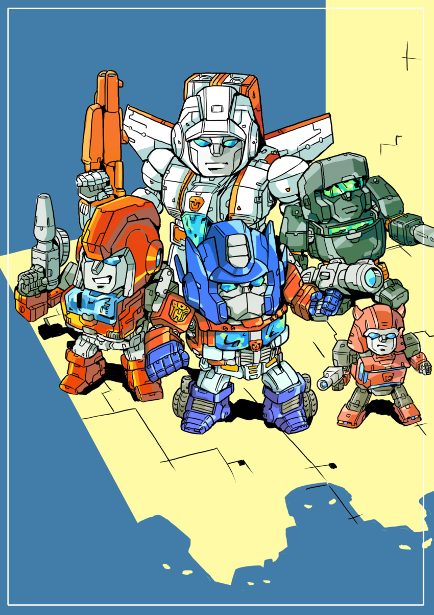 5boys, autobot, blue_eyes, chibi, cliffjumper, english_commentary, gun, highres