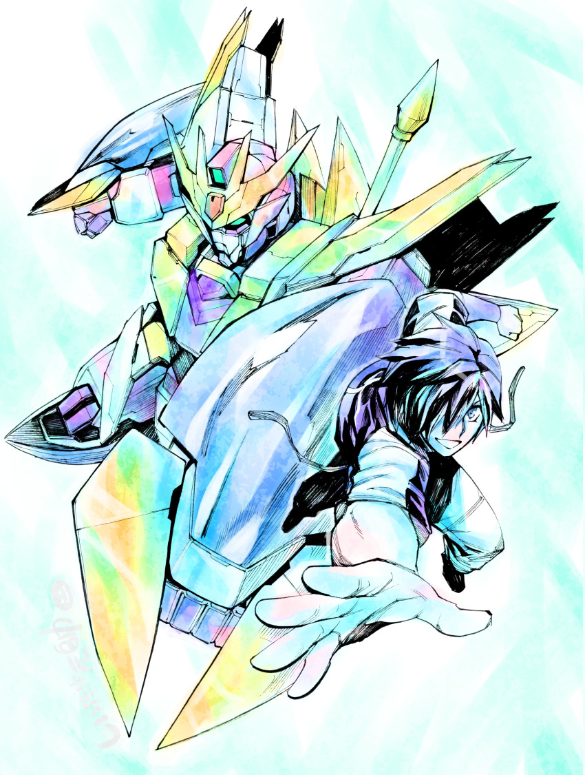 1boy, absurdres, aqua_eyes, blue_eyes, clenched_hand, gundam, gundam_anima, gundam_build_diver_rize