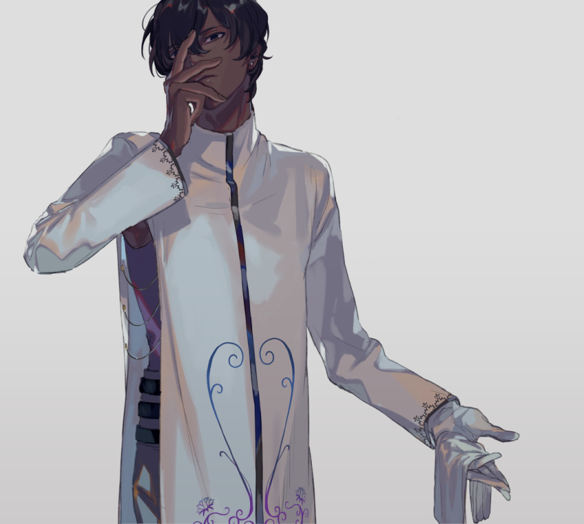 1boy, arjuna_(fate/grand_order), brown_eyes, brown_hair, dark_skin, dark_skinned_male, fate/grand_order, fate_(series), gloves, hair_between_eyes, indian_clothes, long_sleeves, looking_at_viewer, male_focus, on_mt_p, short_hair, simple_background, solo, upper_body, white_background, white_gloves