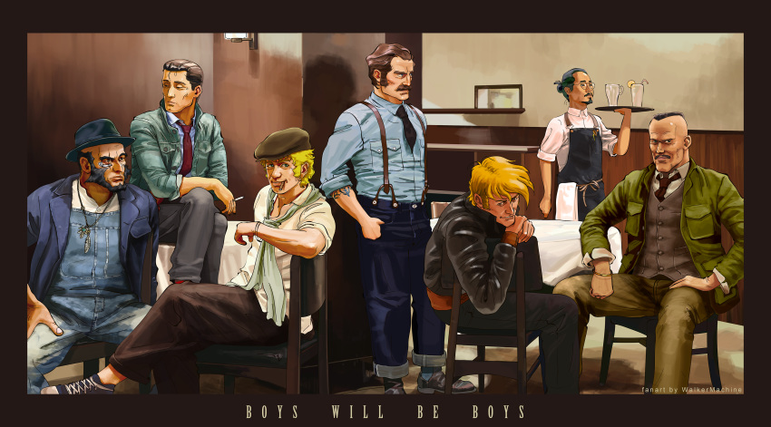 absurdres, akira, bald, bartender, beard, black_hair, blonde_hair, chair