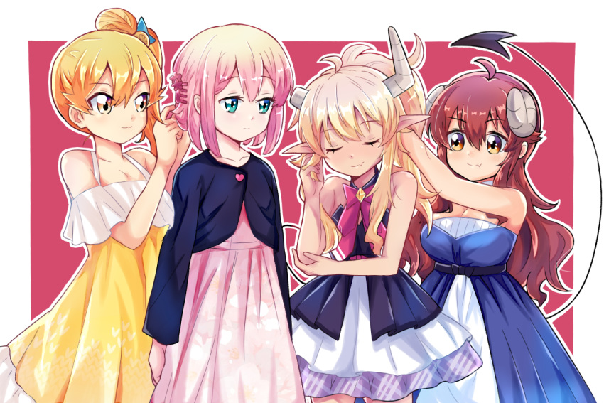 4girls, ahoge, bare_shoulders, blush, brown_eyes, brown_hair, chiyoda_momo, curled_horns, demon_girl, demon_horns, demon_tail, dress, eyebrows_visible_through_hair, hair_ornament, hairclip, hinatsuki_mikan, horns, lilith_(machikado_mazoku), long_hair, machikado_mazoku, multiple_girls, open_mouth, pink_hair, ryuhirohumi, short_hair, tail, yoshida_yuuko_(machikado_mazoku)
