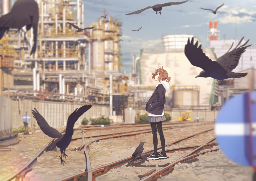 1girl, bird, brown_hair, clouds, crow, day, english_commentary, fence