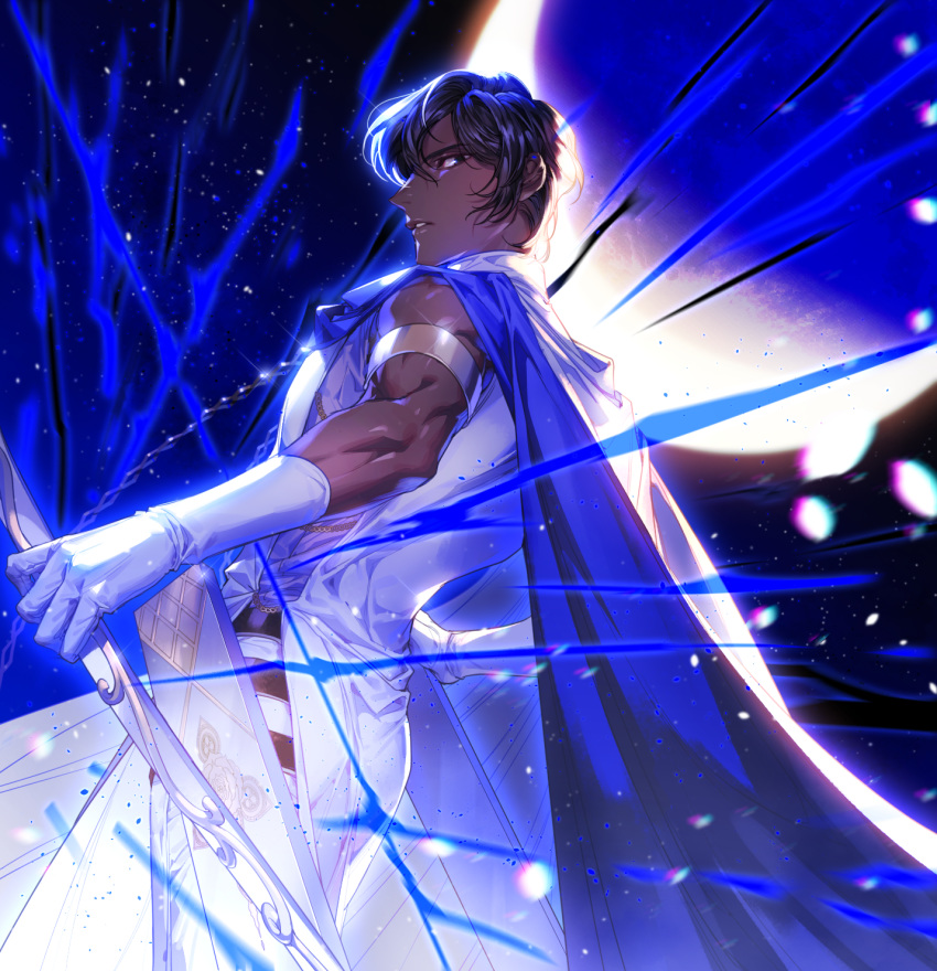 1boy, agni_gandiva, arjuna_(fate/grand_order), bow_(weapon), brown_eyes, brown_hair, cape, dark_skin