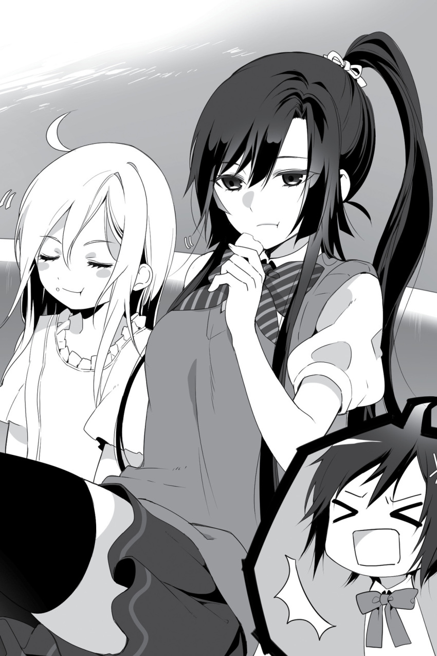 >_<, 3girls, :t, ahoge, bangs, blush, closed_eyes, eating, eyebrows_visible_through_hair, glenda_(strike_the_blood), greyscale, haba_yuiri, hair_between_eyes, hair_ribbon, high_ponytail, highres, kirasaka_sayaka, long_hair, manyako_(mohumohu), miniskirt, monochrome, multiple_girls, novel_illustration, official_art, ribbon, school_uniform, short_sleeves, skirt, strike_the_blood, striped, striped_neckwear, sweater_vest, thigh-highs, very_long_hair, zettai_ryouiki