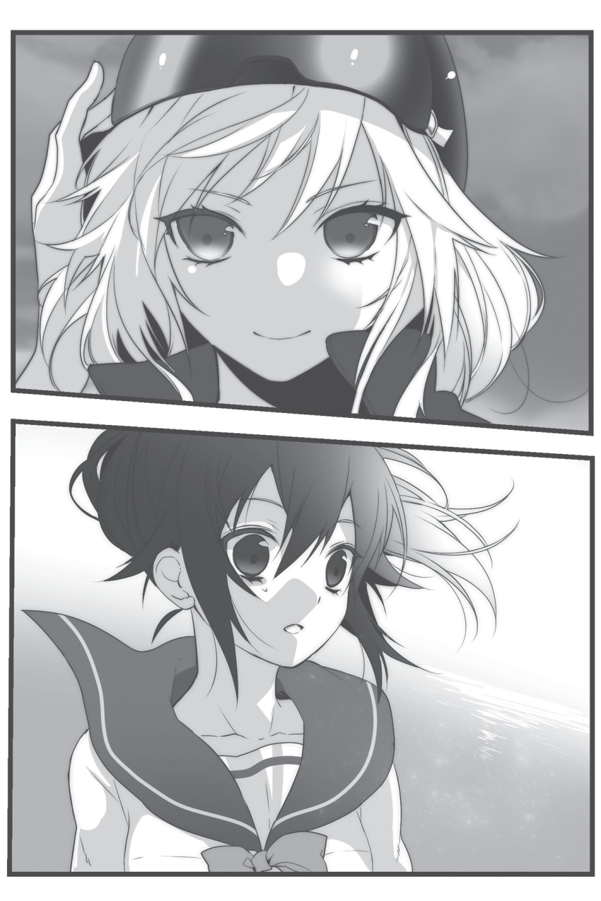 2girls, akatsuki_nagisa, bangs, bow, bowtie, closed_mouth, collarbone, december_(strike_the_blood), eyebrows_visible_through_hair, floating_hair, greyscale, hair_between_eyes, hand_in_hair, helmet, highres, long_hair, looking_at_viewer, manyako_(mohumohu), monochrome, multiple_girls, novel_illustration, official_art, ponytail, portrait, sailor_collar, sailor_collar_lift, sailor_shirt, shirt, smile, split_screen, strike_the_blood, upper_body