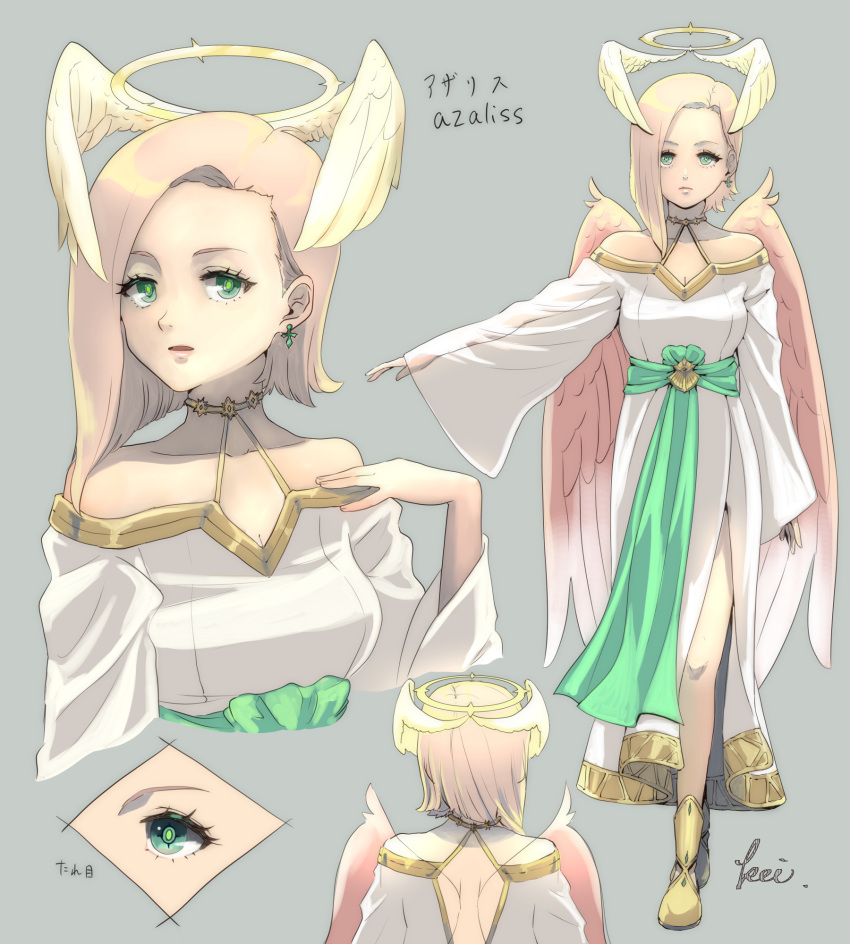 1girl, angel, angel_wings, arm_at_side, asymmetrical_hair, bare_shoulders, blonde_hair, breasts